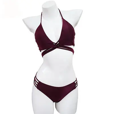 Женский бандажный комплект бикини однотонный треугольный купальник пляжная