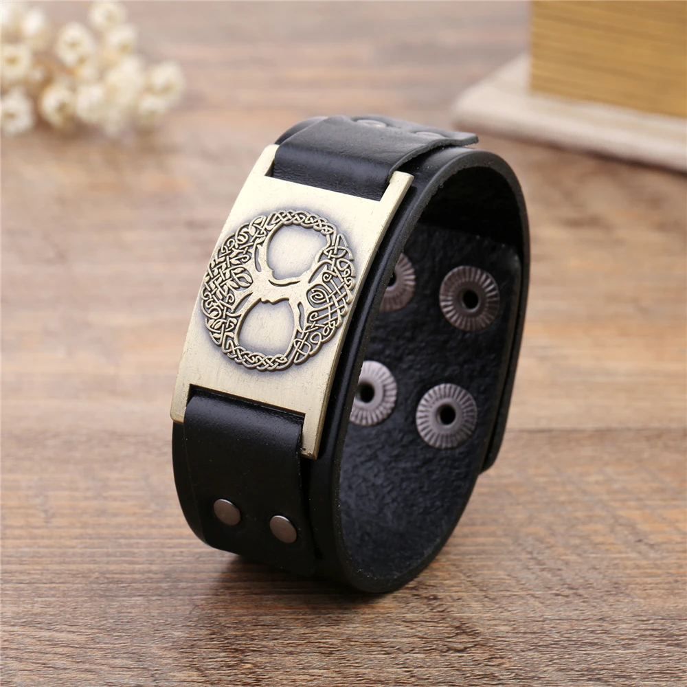 EUEAVAN 5pcs Religion Tree Of Life Amulet Charm Bracelet Wide Black/Brown Men's Leather Viking Bangle For Men | Украшения и