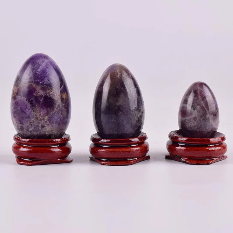 3 pieces set Yoni яйцо натуральный аметист массажный набор яиц для массажа разсверливание и деревянная основа Кристалл минеральный шар Кегеля Упражнение тазового пола мышцы вагинальные - Цвет: 3 pieces set
