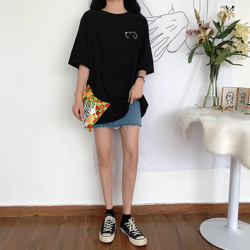 Women T-shirt Printing Medium Long Loose Large Size Puppy O-Neck T-Shirt Cotton Tops Fit Soft Casual Street Wear | Женская одежда