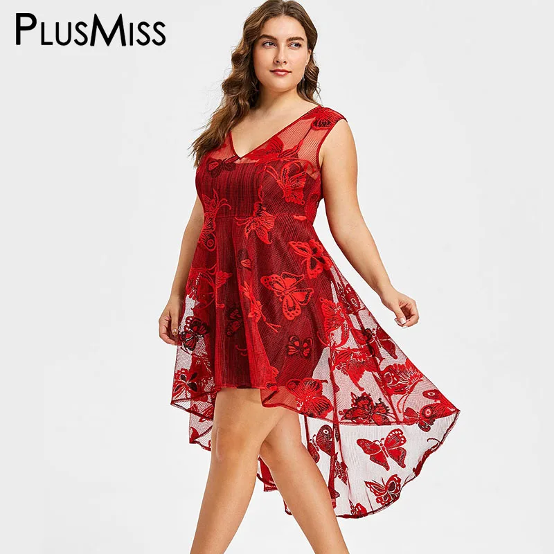 PlusMiss плюс Размеры 5XL пикантные Винтаж Sheer Кружева Высокая Низкая миди платье