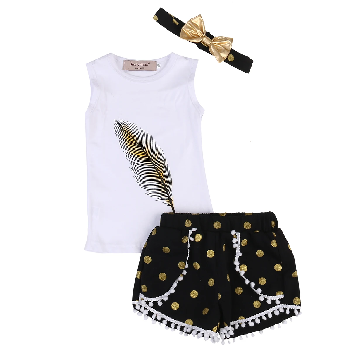 Майки с принтом перьев и шорты в горошек 3 шт.|Комплекты одежды для девочек| |