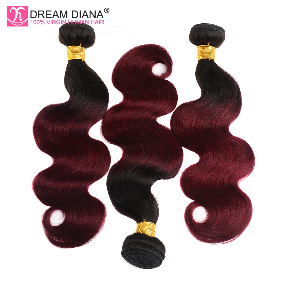 DreamDiana темно бордовый объемная волна два оттенки Омбре 3 пучка Remy Weave 99J
