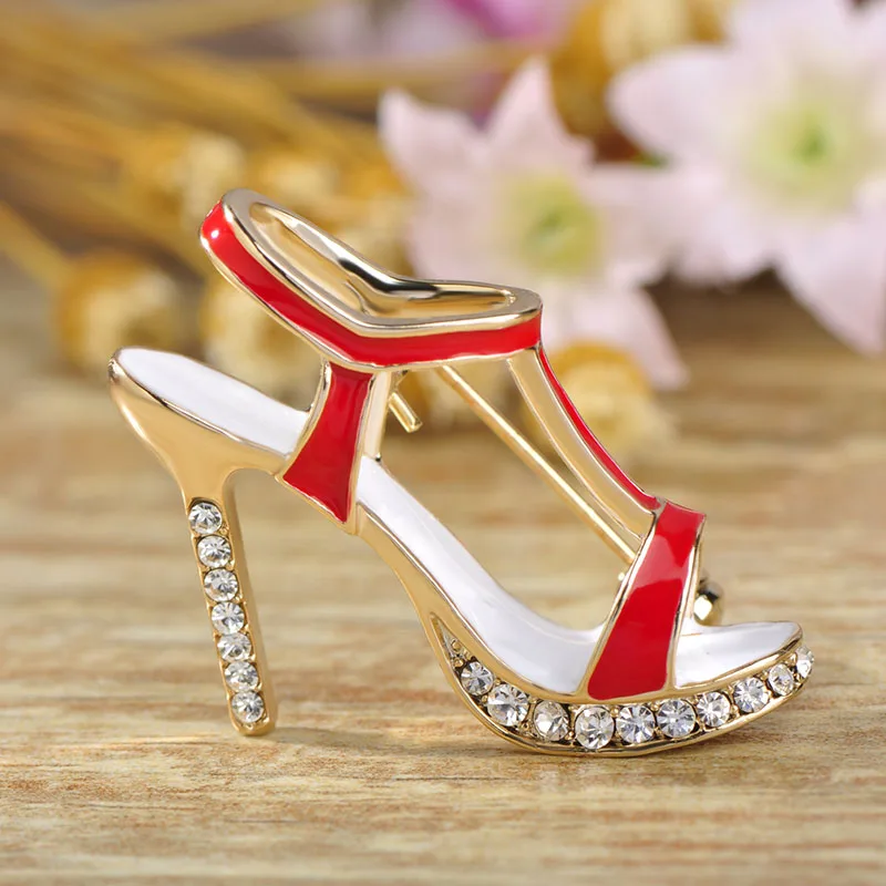 Madrry High Heel Shoes Brooches For Women Red Enamel Gold-color Crystal Brooch Pins Shoulder Scarf Dress Collar Clip Accessories | Украшения