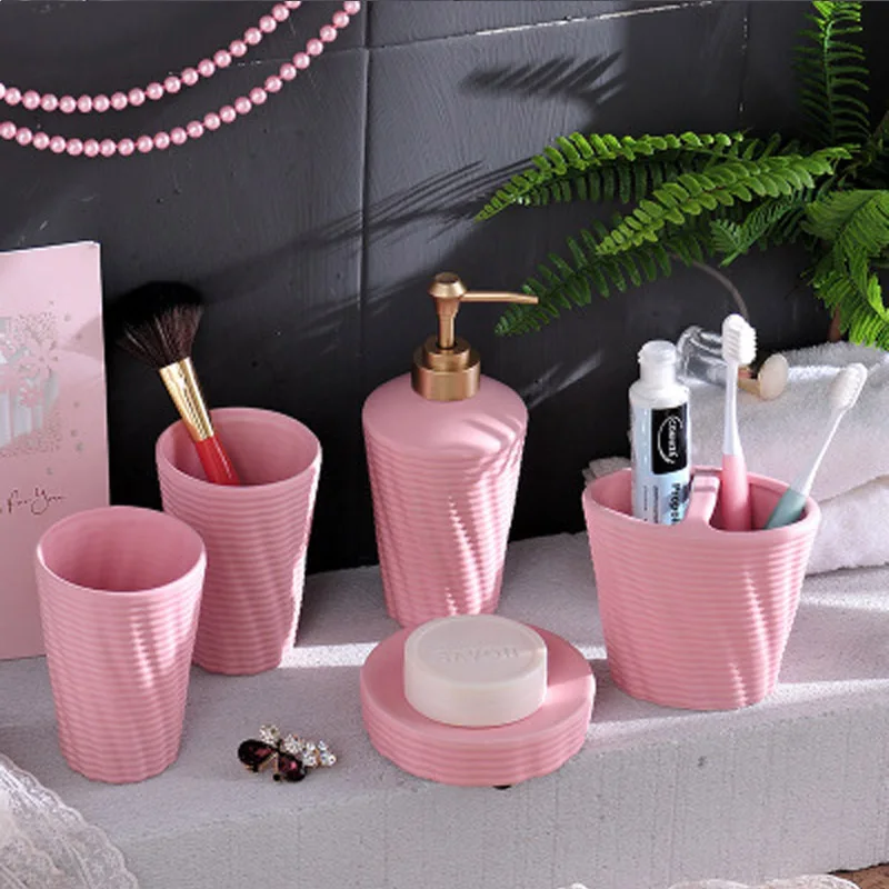 Pink Wourmth нордическая матовая керамическая стирка пять комплектов товаров для ванной комнаты простая белая стирка Набор Бутылка для лосьона для ванной зубной щетки чашка se - Color: Pink