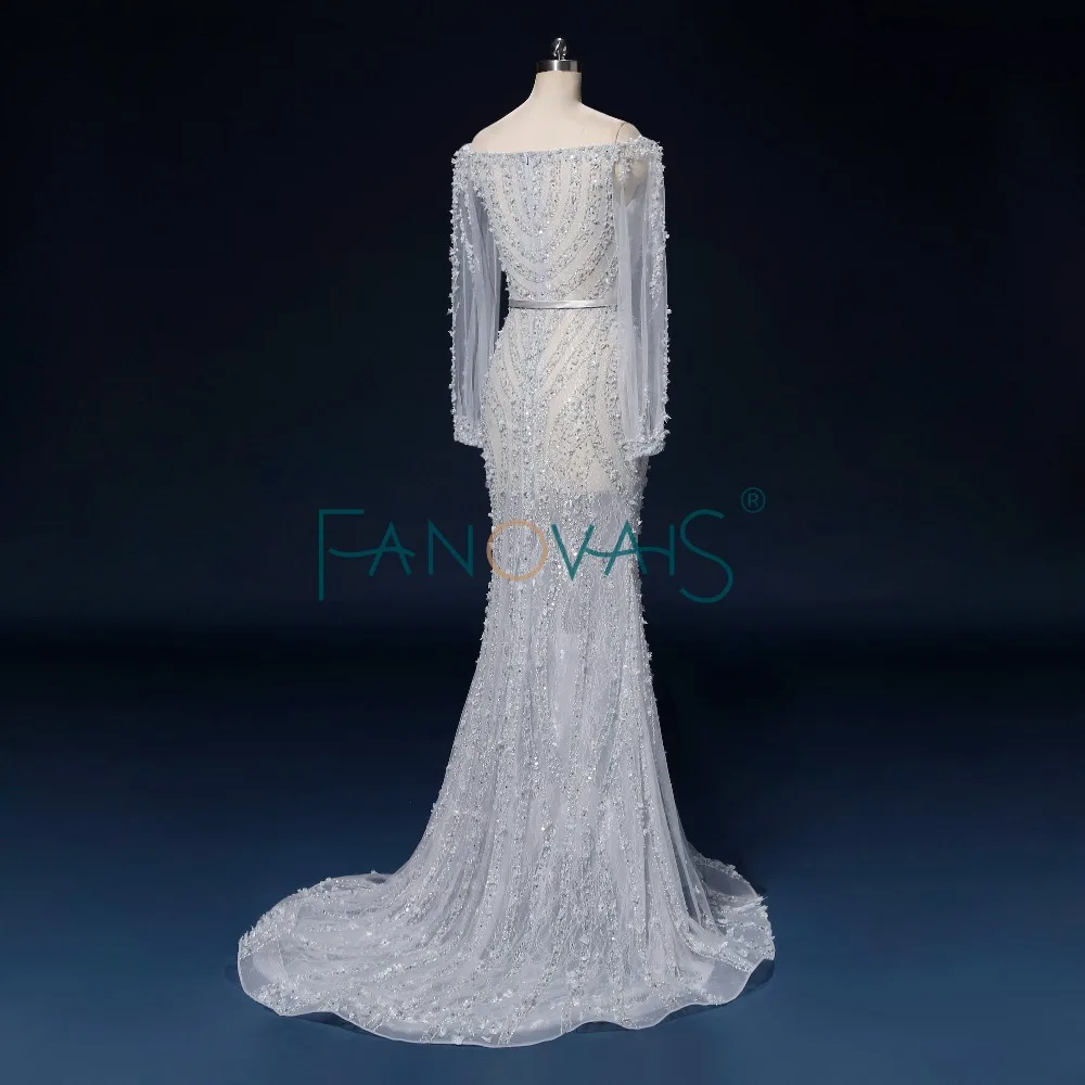 Синий серебряный вечерние платья с длинными рукавами роскошь плеча Vestido de Festa