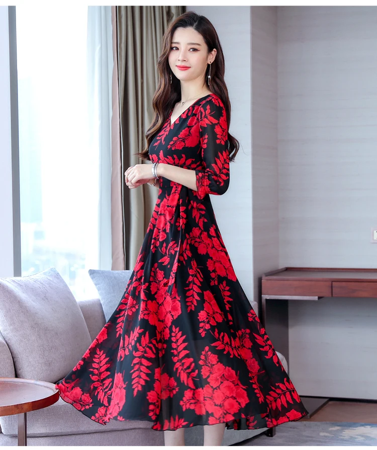 High Quality Plus Size Fashion Autumn New Arrival Collect Waist 3/4 Sleeve FeatherPrinting Woman Long V Neck Chiffon Dress