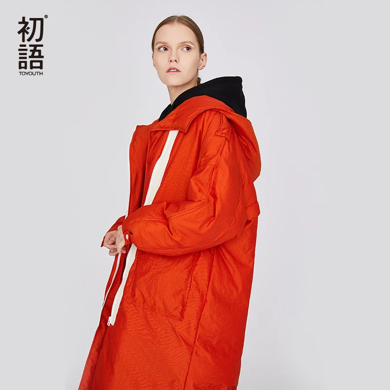 Toyouth Длинные капюшоном Дамы парка пальто Для женщин зима Harajuku пальто утепленные Mujer парка с длинным рукавом вниз пальто - Цвет: Orange