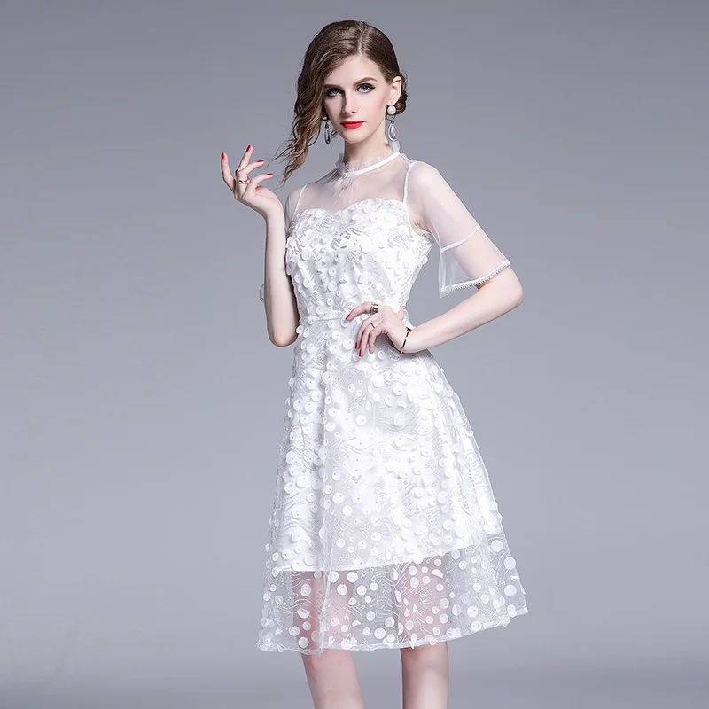 New Cute Women dress Embroidery Mesh Three-dimensional Flower Fairy Tenderness Dresses White 7387 | Женская одежда