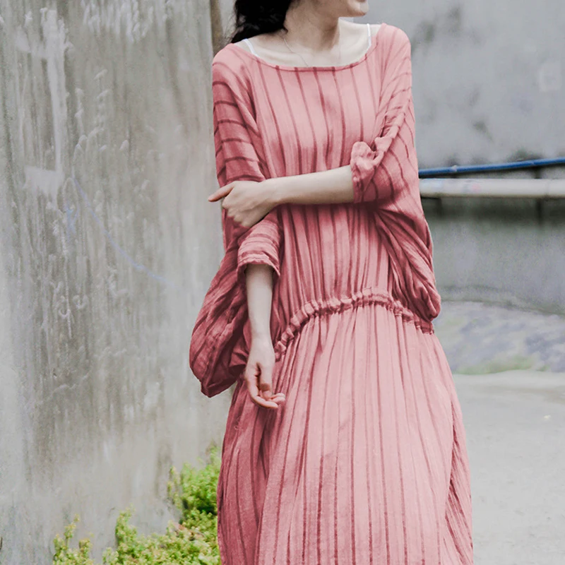 Новинка 2020 женское платье в полоску рукав летучая мышь летнее повседневное