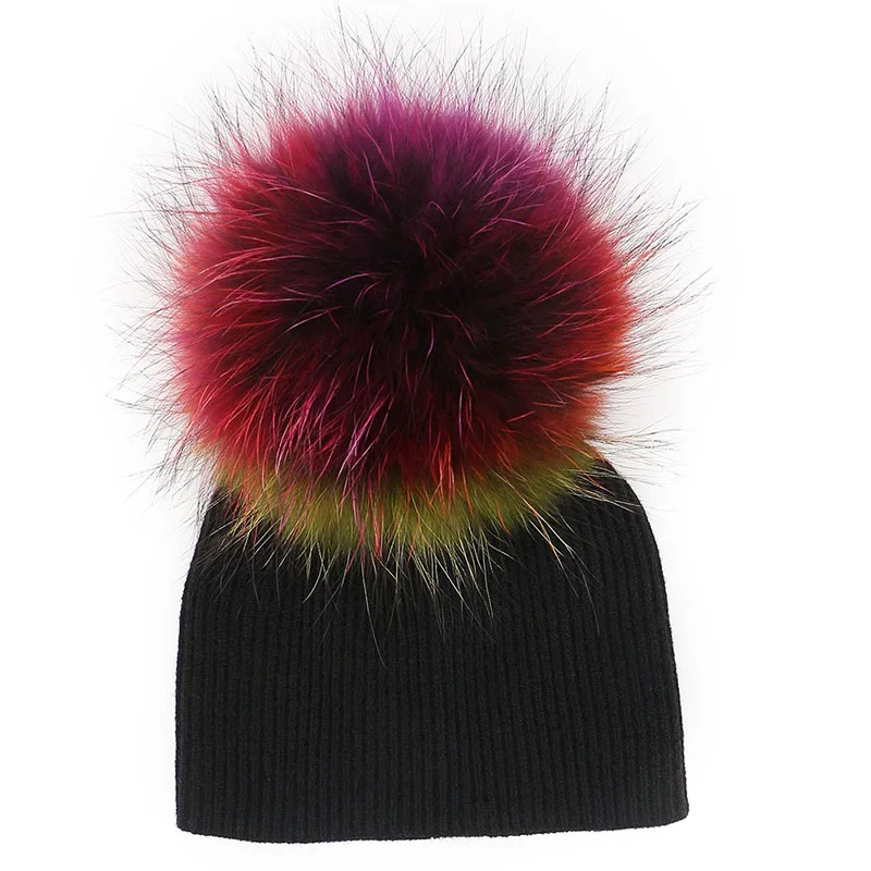 blackNo17 Новинка, Осень-зима, вязаные шапки для девочек и мальчиков, шапки с помпоном из натурального меха, мягкие простые шерстяные хлопковые шапочки для детей, детские шапочки - Цвет: blackNo17