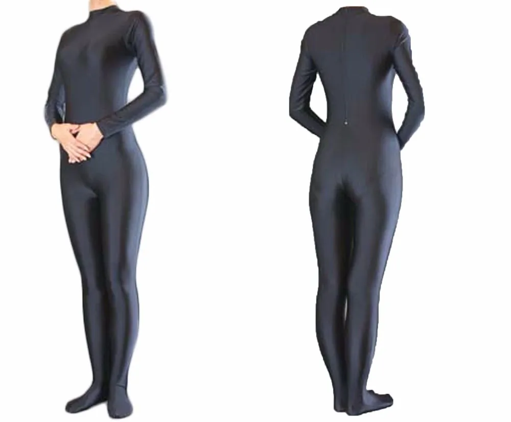 

ICOSTUMES Women Long Sleeve Black Spandex Unitard Dance Lycra Mock Neck Full Bodysuits Footed Zip Second Skin-Tight Suits