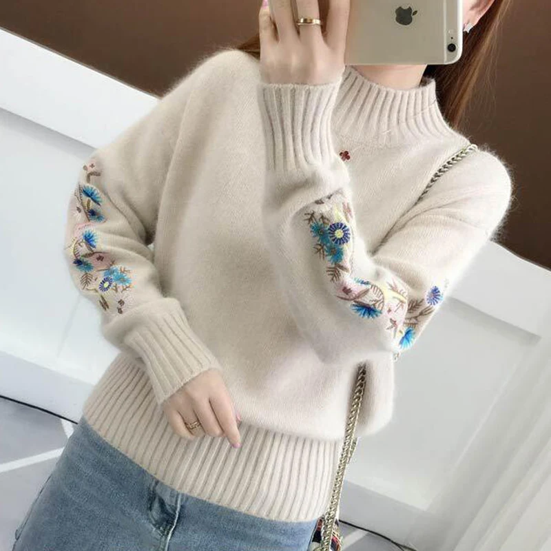 TIGENA 2019 Winter Thick Warm Beautiful Embroidery Turtleneck Sweater Women Long Sleeve Knit Pullover Female Pull Femme | Женская одежда