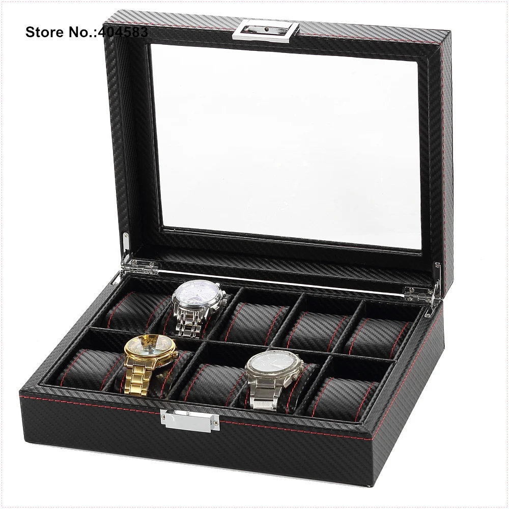 

New Design Red Sewing 10 Slot Export Worldwide Private Professional Luxury Carbon Fiber Mens PU Leather Watch Box Black