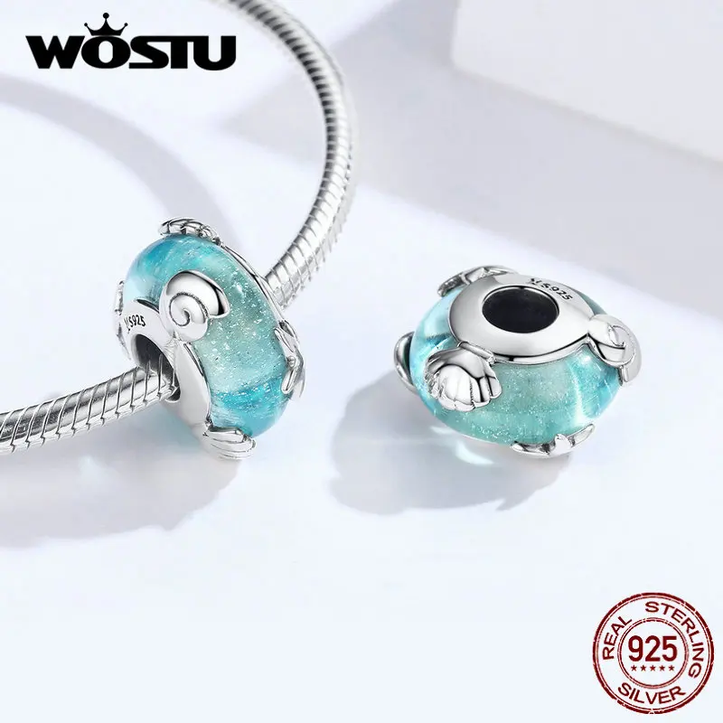 WOSTU, муранское стекло, морская звезда, ракушка, синие Бусины, 925 пробы, серебро, шарм, подходит к оригинальному браслету, подвеска, Мода 925, ювелирное изделие, FIC1257