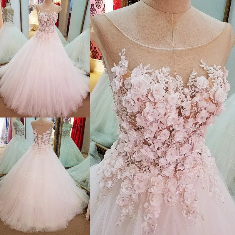 

Pink Vestido De Noiva Muslim Wedding Dresses Ball Gown Tulle Flowers Pearls Boho Dubai Arabic Wedding Gown Bridal Dress