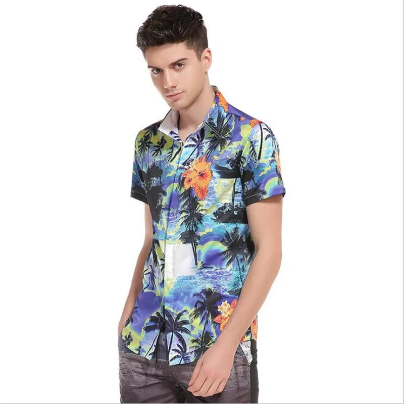 Hot Selling2018 Summer Shirt Men Thin Short Sleeve Casual Shirts 3D Print Hawaii Beach Cool Slim Camisa Masculina Red Blue | Мужская