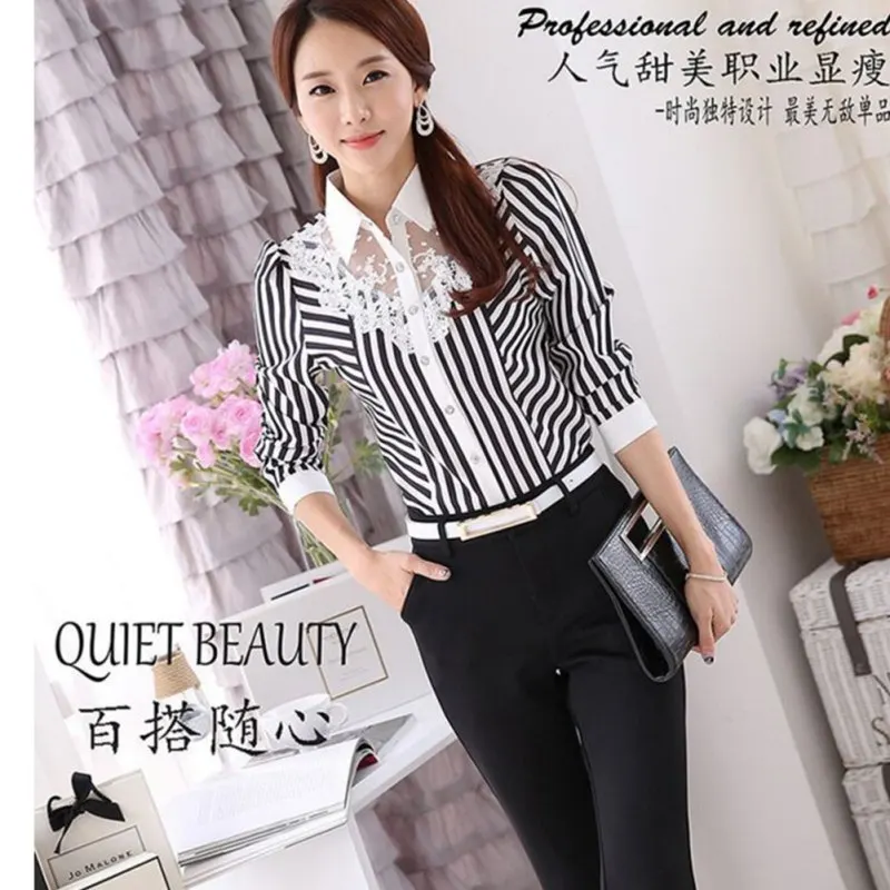 

Women Blouse Long Sleeve Lace Tops Striped Turn-Down Collar Blouses Official Female Formal Shirt Spring Autumn