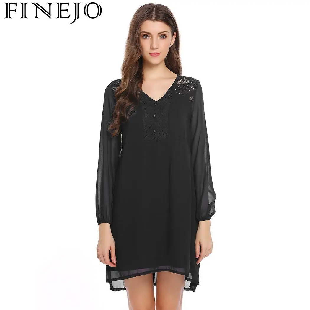 FINEJO Shift Dress Women Autumn Lantern V-Neck Women's Sleeve Lace Chiffon Patchwork Casual Loose Feminina Vestidos | Женская одежда
