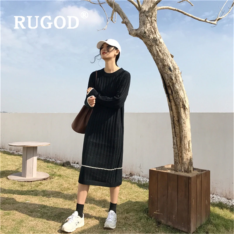 RUGOD 2019 новый твердый прямой свитер женское платье Корейский Круглый вырез Auturm