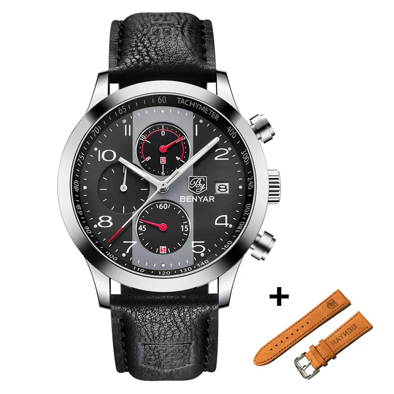 L Black Silver Black BENYAR новые модные спортивные часы с хронографом, мужские брендовые кварцевые синие часы с кожаным ремешком, мужские часы Reloj Hombre - Цвет: L Black Silver Black
