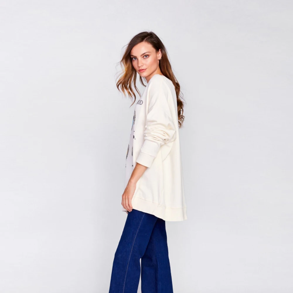 HYH HAOYIHUI Light Beige Basic Sweatshirts Women O neck Printed Long Sleeve Pullover Ladies Casual Loose Street Autumn Jumper|sweatshirt women|basic