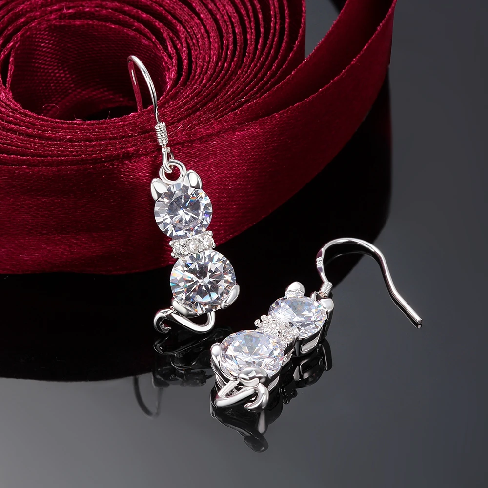 Серьги в форме котенка кота с двойными камнями Модные посеребренные Свадебные