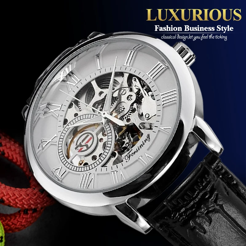 Forsining Марка Серебро Цвет Циферблат Скелет Часы Montre Homme сплав чехол кожаный