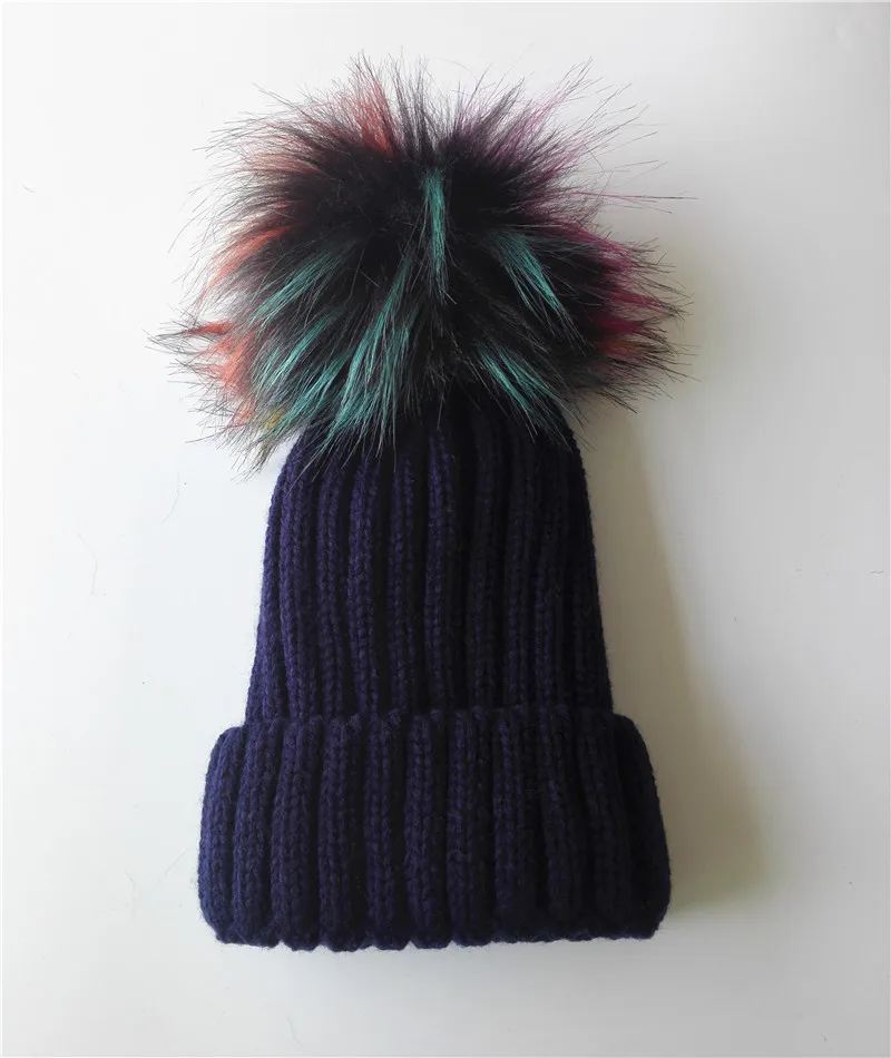 KNB040B Wholesale 10pcs/lot Winter Warm Beanies Knit Hat Women Slouchy 15cm Rainbow Faux Fur Pom pom Skullies Cap Bonnet
