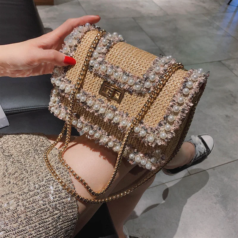 Women Bag Pearl Beach Shoulder Crossbody Messenger Flap Chain Slung Lock Buckle Luxury Handbags Bags Designer | Багаж и сумки