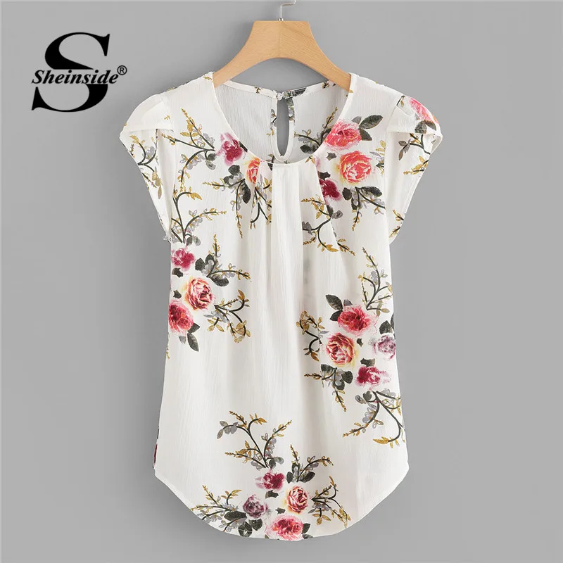 Sheinside, Бежевая шапочка, рукав, повседневные топы, для офиса, для девушек, круглый вырез, обычный крой, Цветочный, асимметричный,, элегантная женская летняя блузка