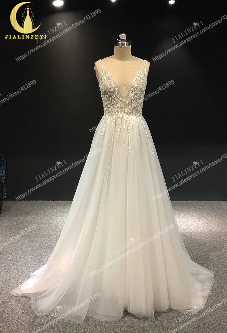 Rhine Sexy Deep V Neck Beads Sequins and Crystal Slit Tulle V back Fashion New Arrival Real Picture Wedding dresses