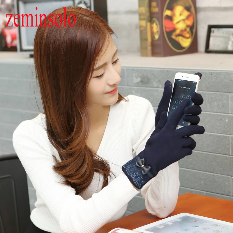 Женские кожаные перчатки с кружевным бантом 1 пара теплые зимние для сенсорного