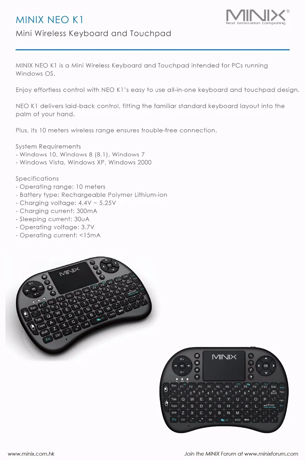 Оригинальная Беспроводная мини клавиатура и сенсорная панель MINIX NEO K1 для ПК|minix