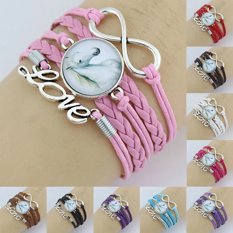 

10PC/lot Infinity Love Horses Dome Cabochon Charm Wrap Bracelets Horse Braid Charms Bracelet Women & Men Girl Bracelets Jewelry