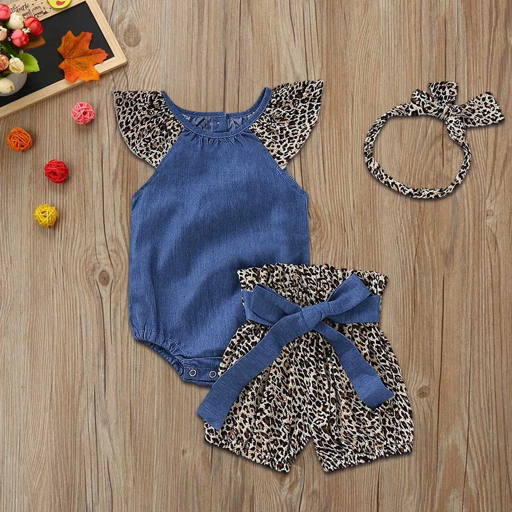 

grils jumpsuits Toddler Infant Baby Girls Denim Jumpsuit Romper+ Leopard Print Shorts+Headbands Outfits