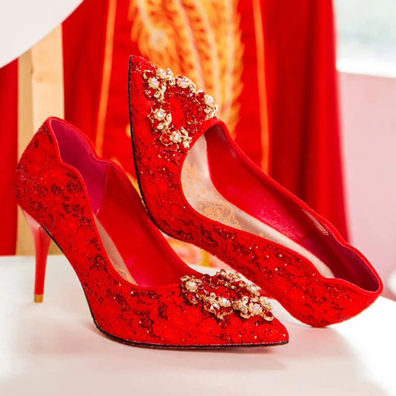 

Sweet Lace Shallow Pumps Pointed Toe High Thin Heels Crystal Pumps Designer Woman Party Wedding Pumps Mujer Shoes Lady Pumps