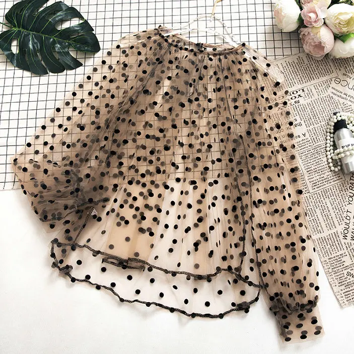 Women Blouses Shirt Женский пуловер с рукавами-фонариками и вышивкой, кружевная, Цветочная, в горошек, с вуалью, Базовая рубашка для девушек, летняя, с круглым вырезом, сетчатая, сетчатая, фатиновая блузка, топы - Цвет: Women Blouses Shirt