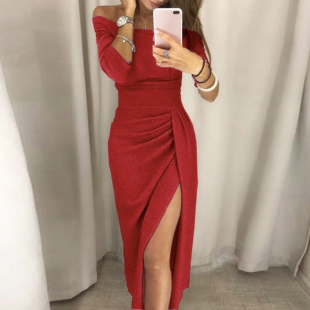 

New Dresses Women Sexy Femmes Off Shoulder High Slit Slash neck Bodycon Dress Ladies Elegant Solid Long Sleeve Mid-Calf Dresses
