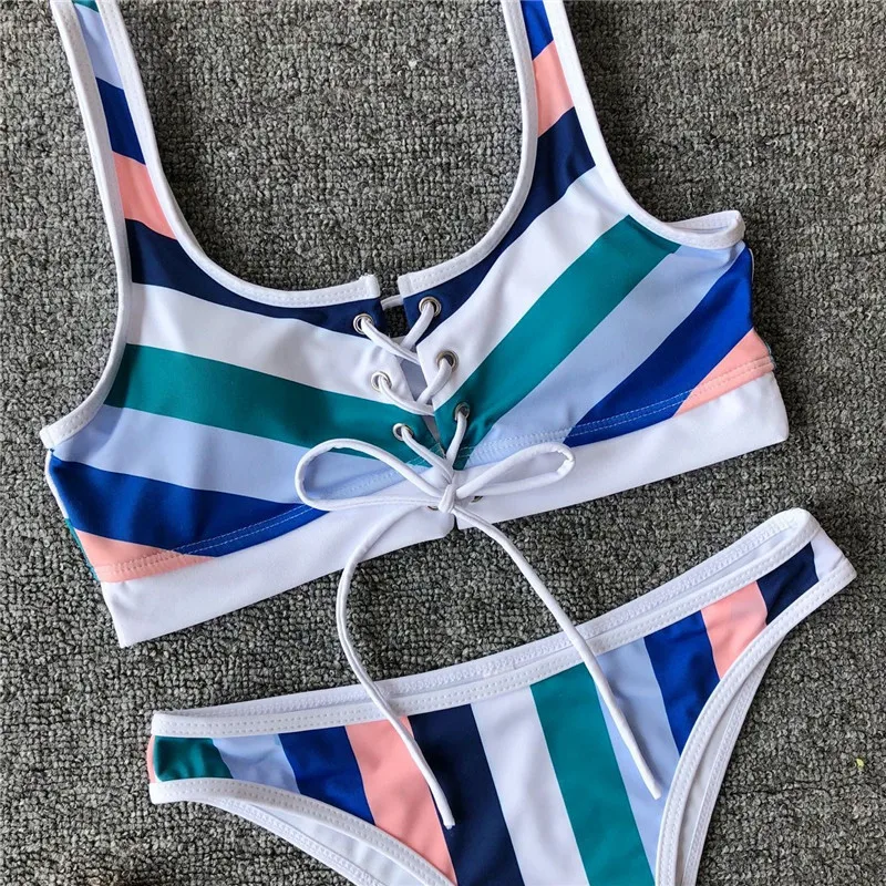 NAIDEY 2019 Sexy Bikinis Women Swimsuit Bandages Crop Tops Bikini Set New Strips print Beach Bathing Suit femme Swimwear L |