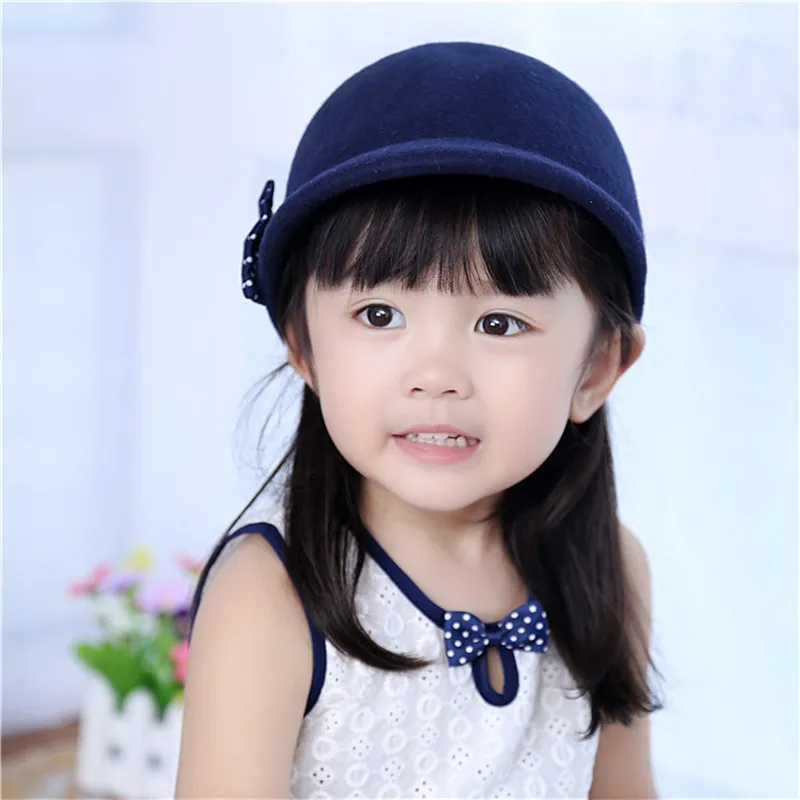 Spring Autumn Baby Girl Hat Fashion Navy Dots Girls Cap with Bowknot Kids Wool Felt Children Knight Beanies | Детская одежда и