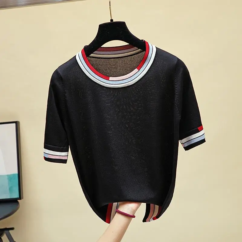 Women Summer Sweaters Thin Female Pullovers 2019 Knitting Shirts Pink Black White Tees O-neck Short Sleeve Pull Femme Tops | Женская