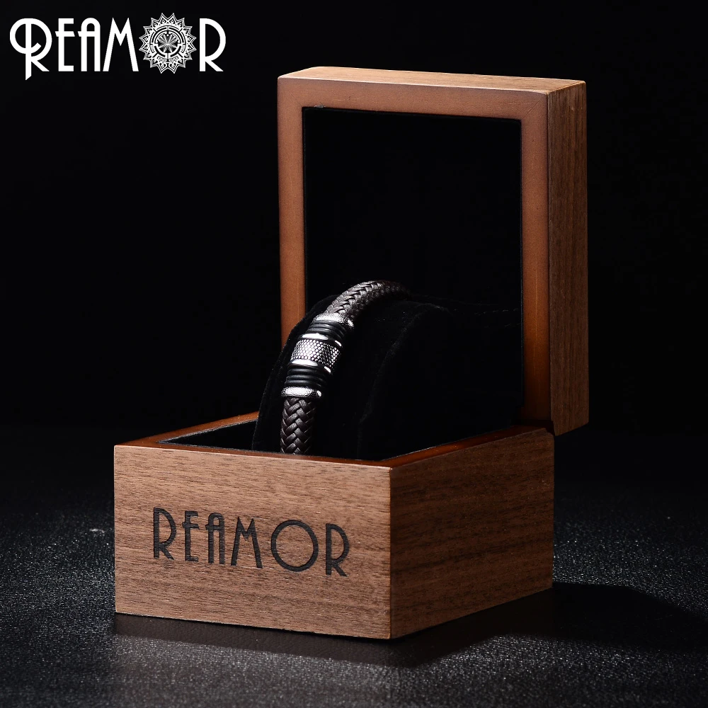 Широкие плетеные кожаные браслеты REAMOR из нержавеющей стали 316L с бусинами мужские