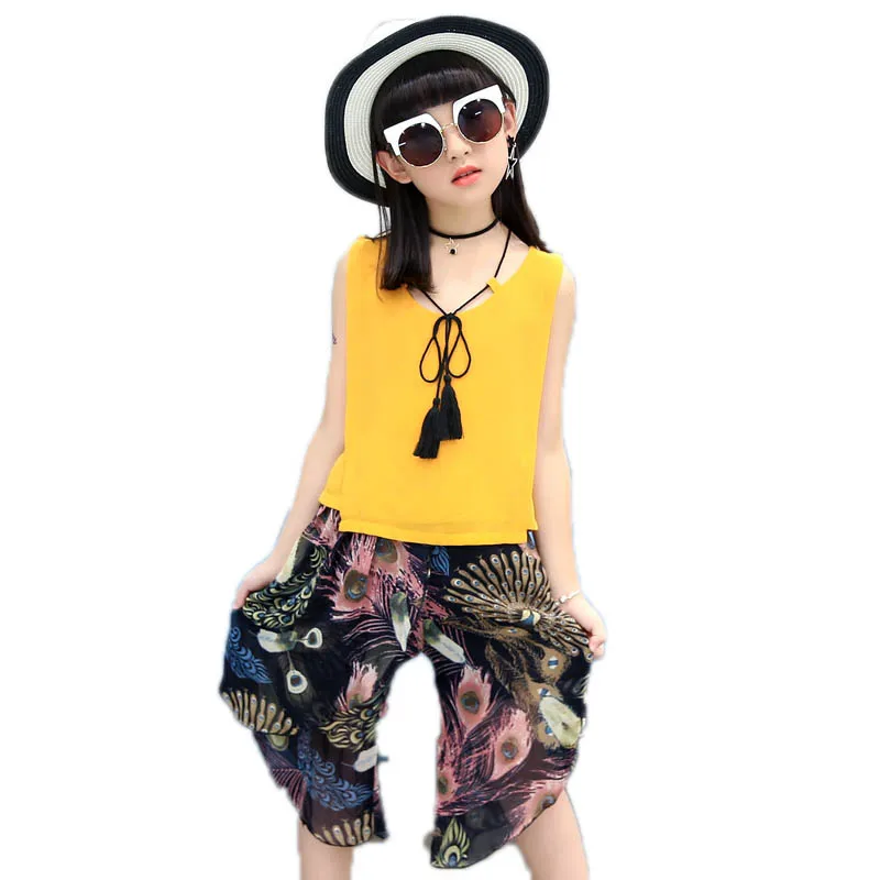 

2019 children clothing summer kids clothes top sleeveless white chiffon tshirt+peacock printed wide leg pans 2pcs girls outfits