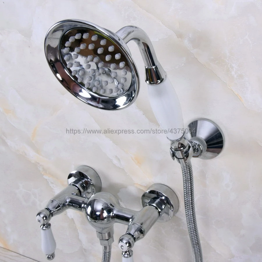 Wall Mounted Bathroom Faucet Chrome Bath Tub Mixer Tap With Double Ceramic Handle Hand Shower Head Sets Nna281 | Обустройство дома