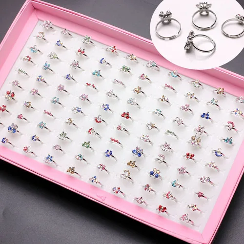 100pcs Смешанные Ассорти мультфильм Кристалл Серебряные кольца детская одежда для девочек смешивать стили партия ребенок подарок ювелирные изделия с Дисплей коробка - Цвет основного камня: 100pcs