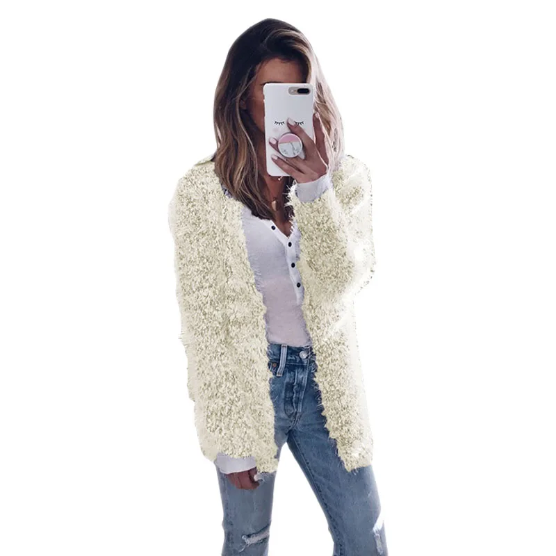 Women Autumn Winter Grey Wool Overcoat Warm Outerwear Pink Fur Coat Turn Down Collar Long Sleeve Cardigan Female Outwear |
