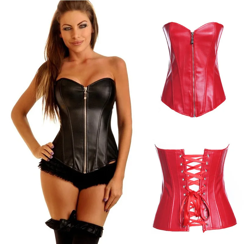

Faux Leather Corset Sexy Brown Zipper Steampunk Corset Overbust Lace Up Back Vest Corset Corselet Espartilhos for Women