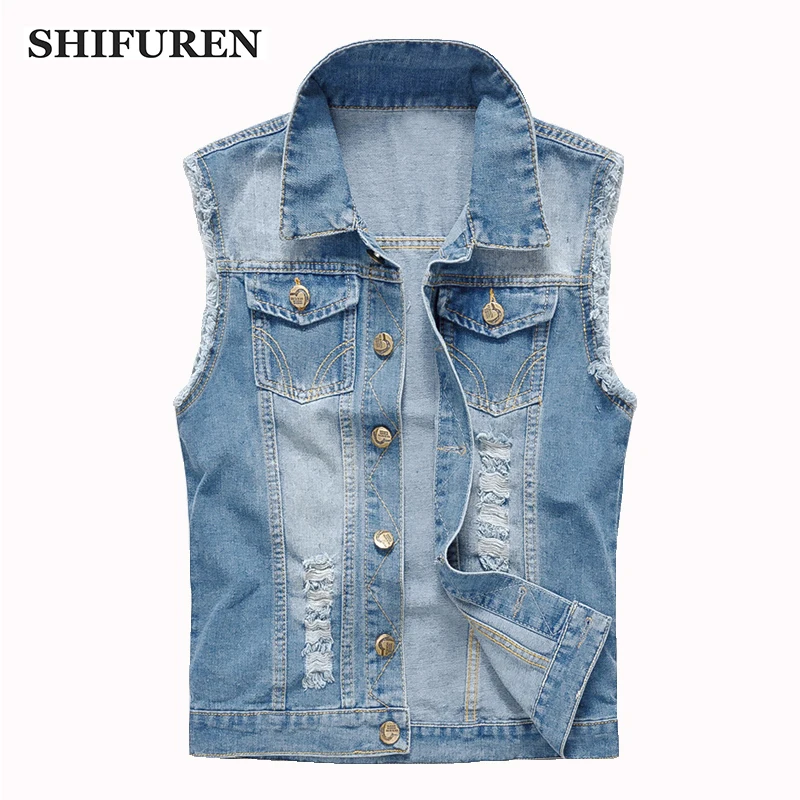 SHIFUREN новинка 2019 мужской джинсовый жилет рваные ковбойские потертые топы синяя