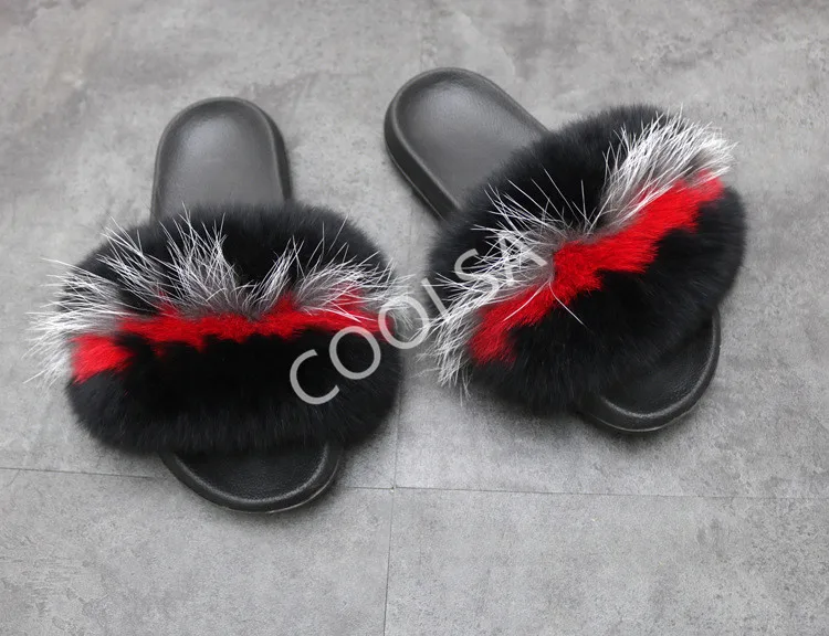 Women's Summer Fur Slippers Indoor Warm Fluffy Plush Home Shoes Woman Real Fox Hair Fur Slides Furry Sandals Female Flip Flops